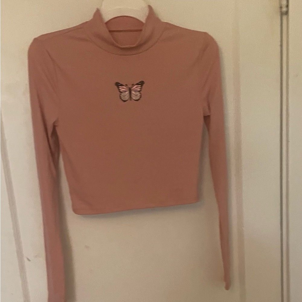 Butterfly Embroidered Pink Long Sleeve Top